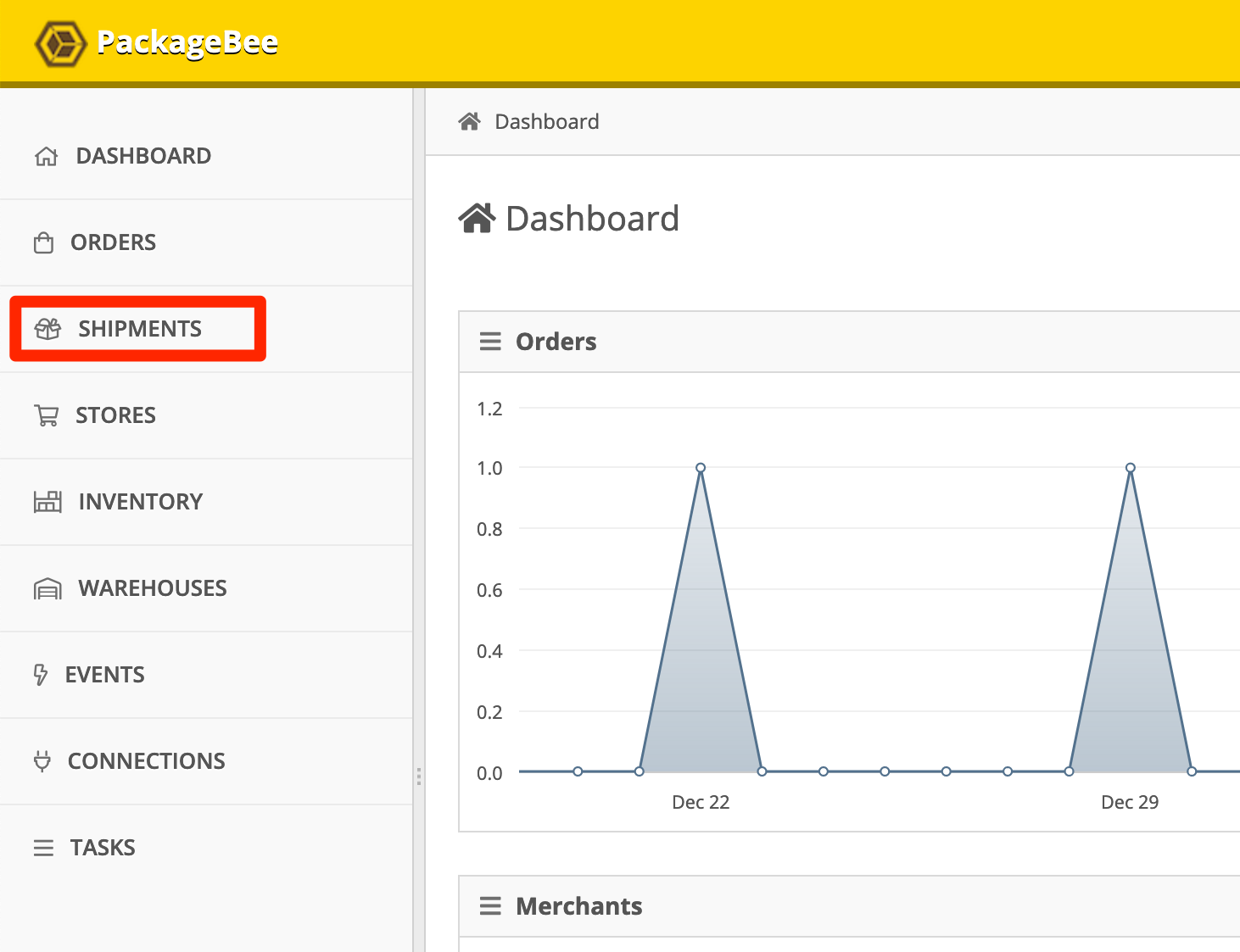 In PackageBee Dashboard, click Shipments.