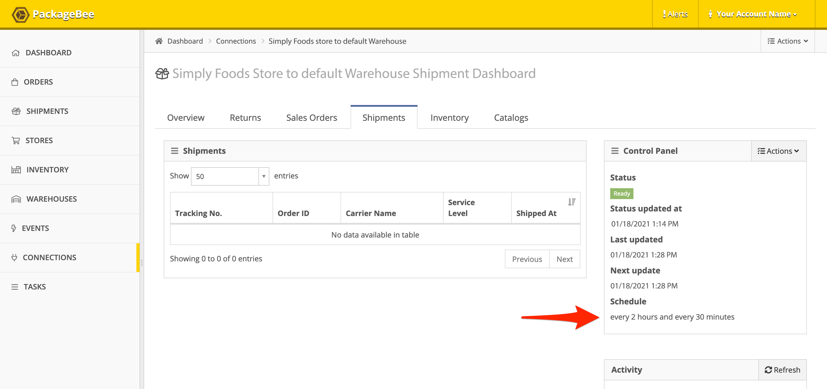 The updated schedule is shown in the Control Panel of the Shipments Dashboard.