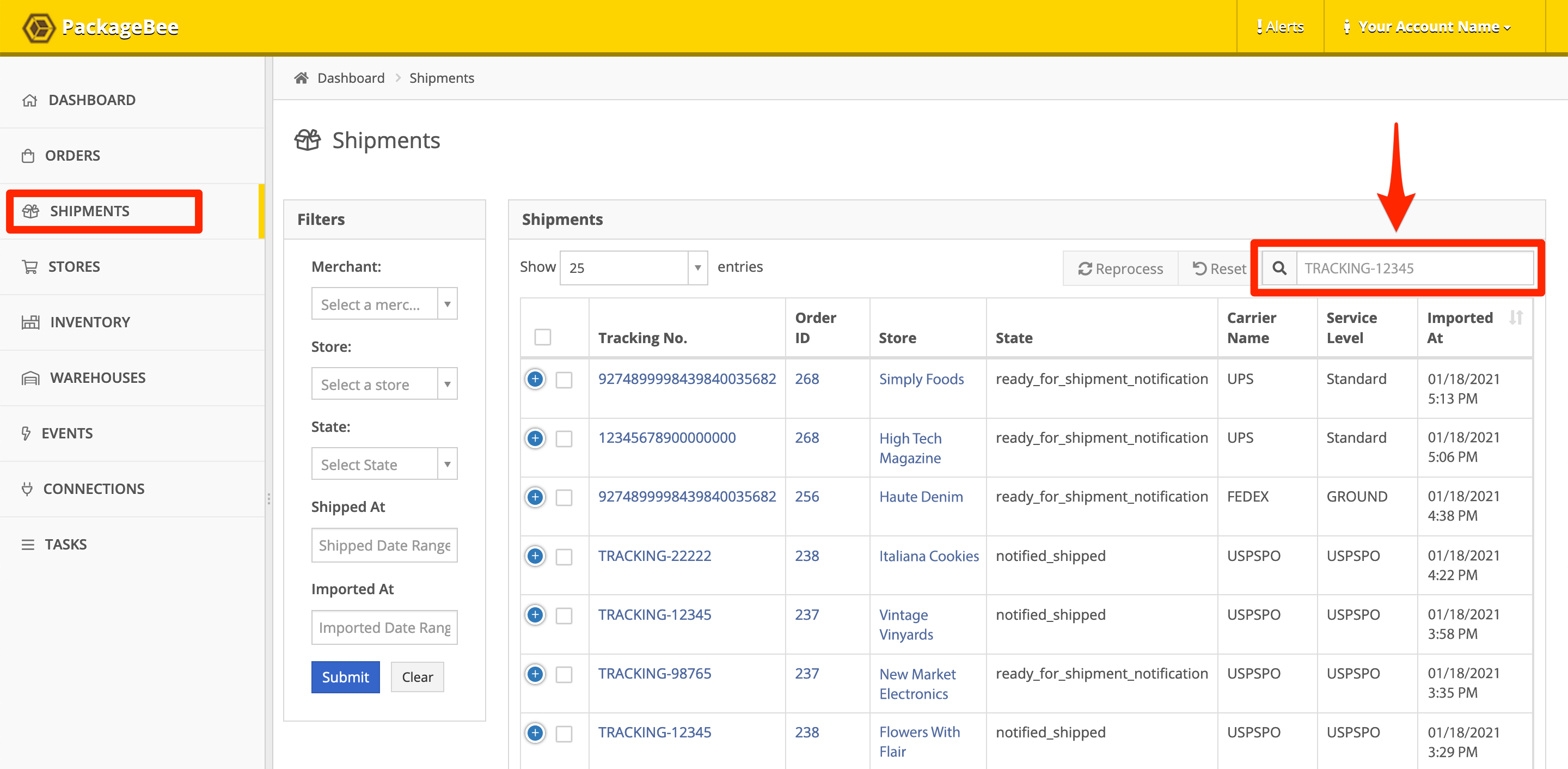 In PackageBee Shipments view, search for tracking number in the Search/Filter box