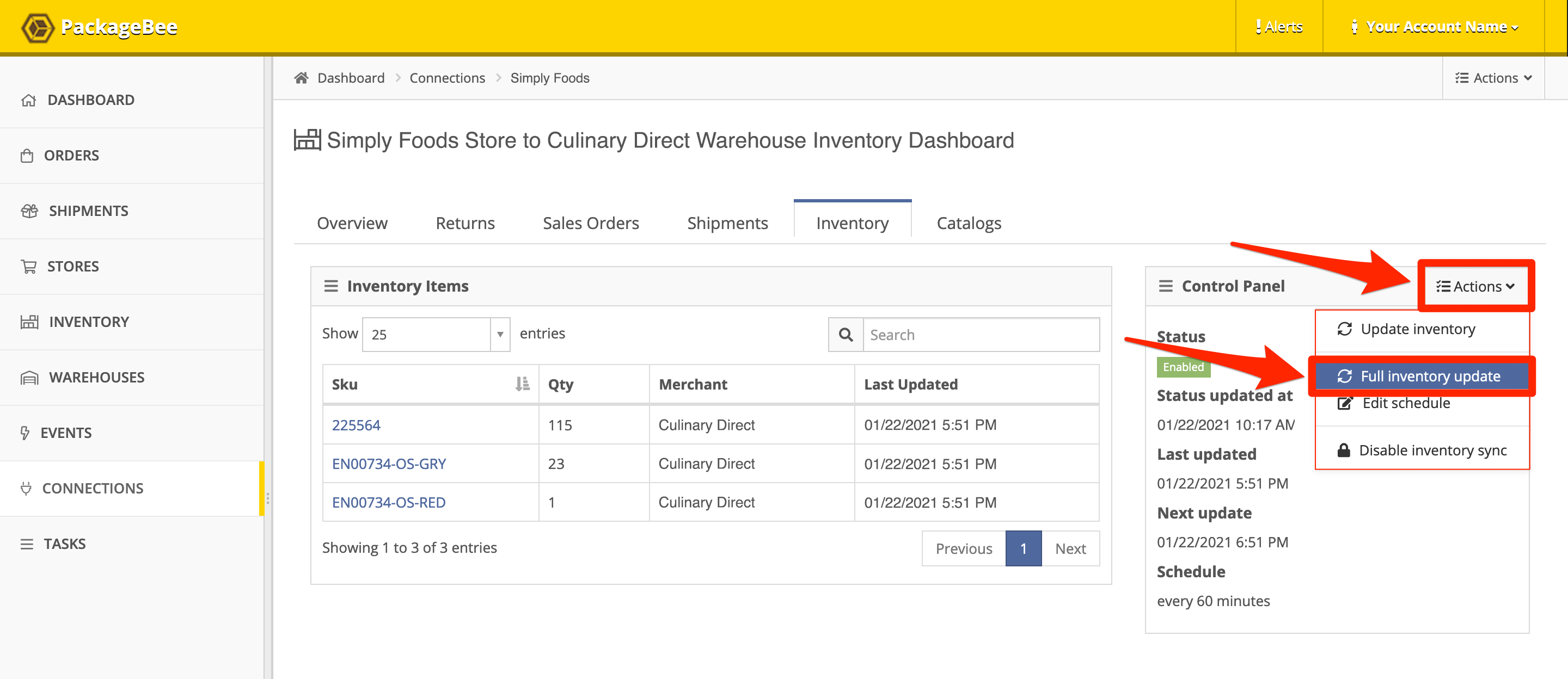 In Control Panel, click Actions, Full inventory update.