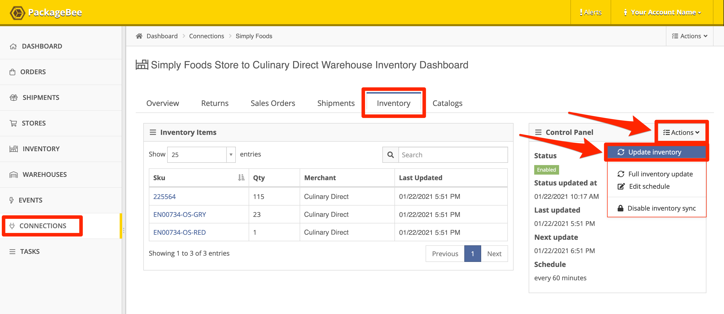 In Connection Inventory Tab, Control Panel, click Actions, Update inventory.