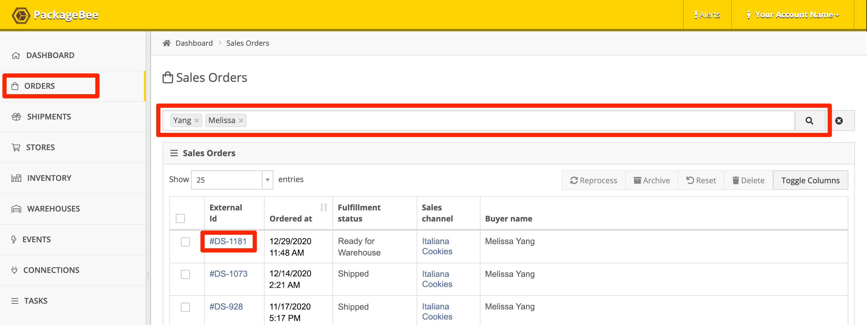 In PackageBee, click ORders. Search for the order, then click its External ID.