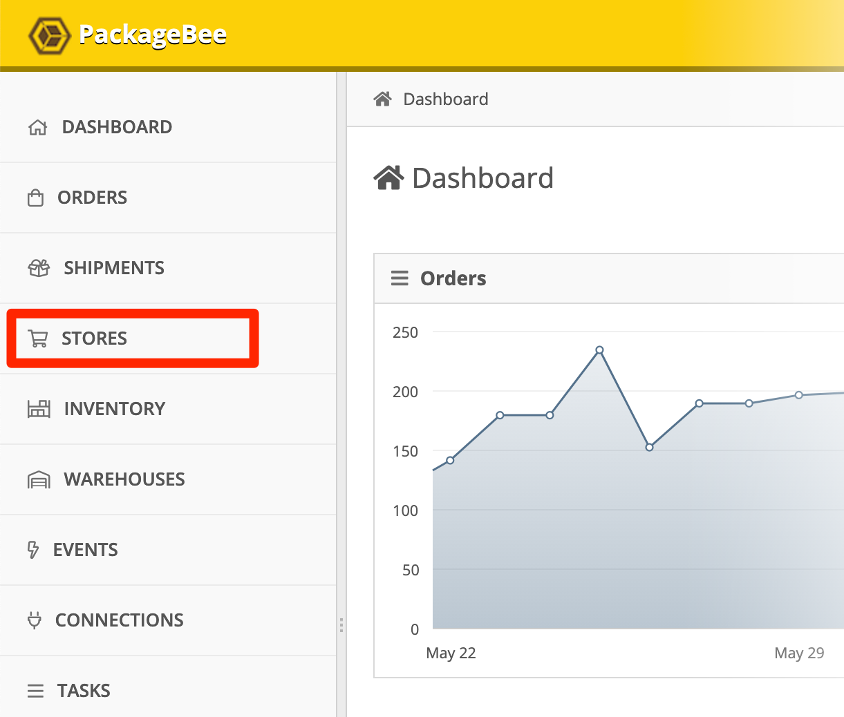 In the PackageBee Dashboard, click Stores.