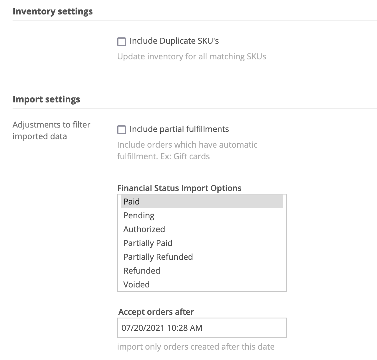 Shopify inventory and import settings