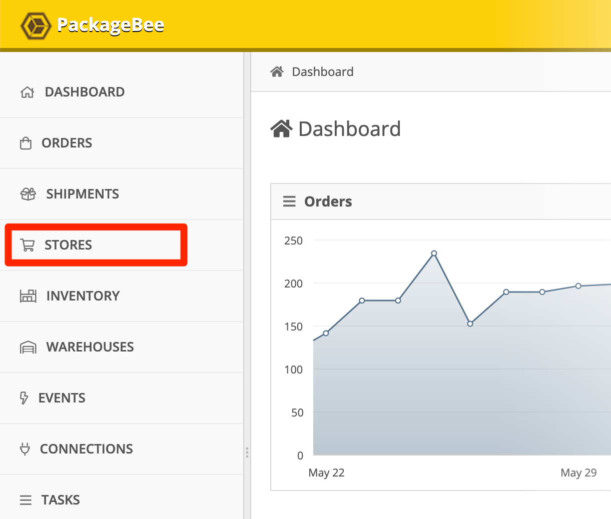 In the PackageBee dashboard, click Stores.