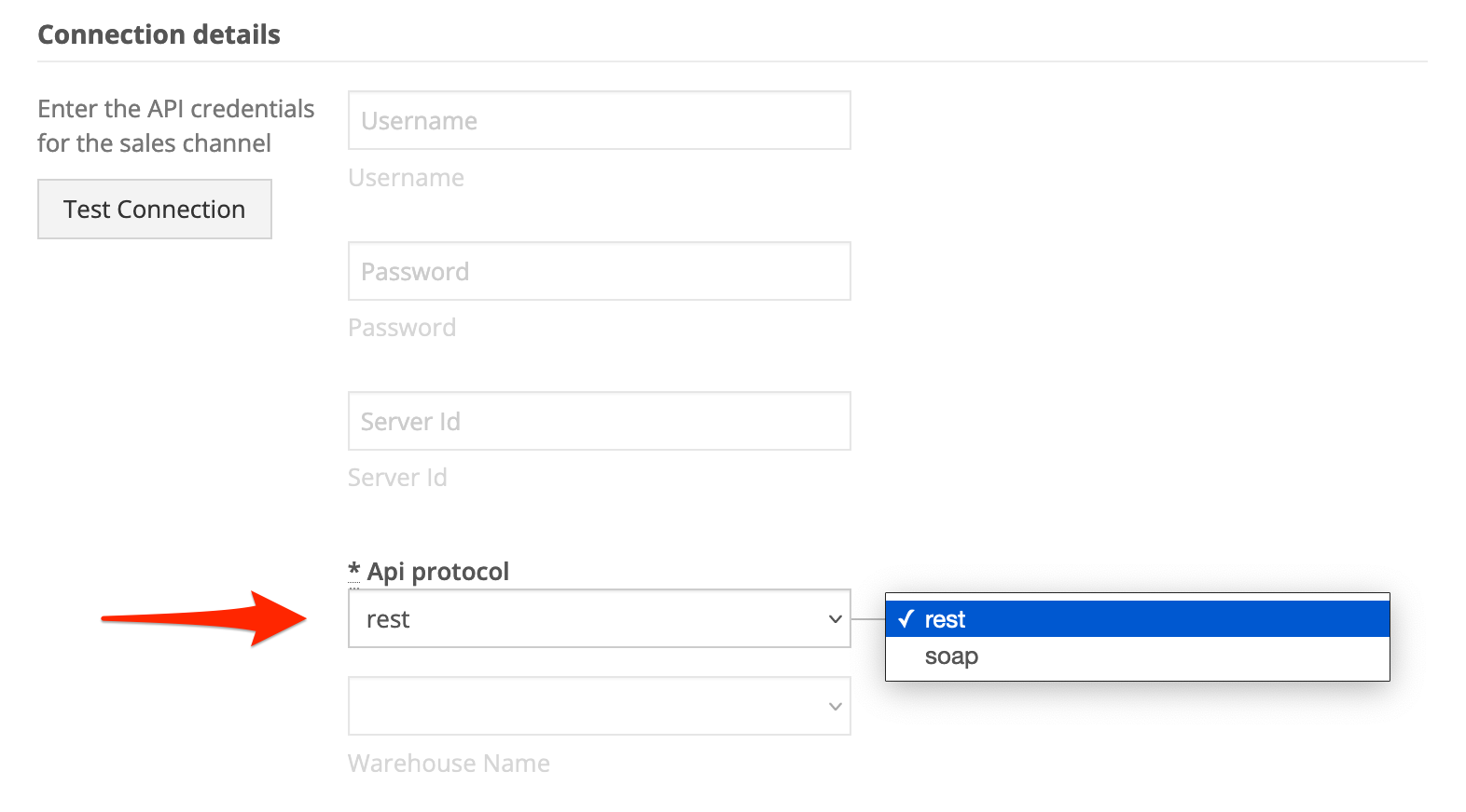 In Sellercloud connection details, for API protocol, choose REST.